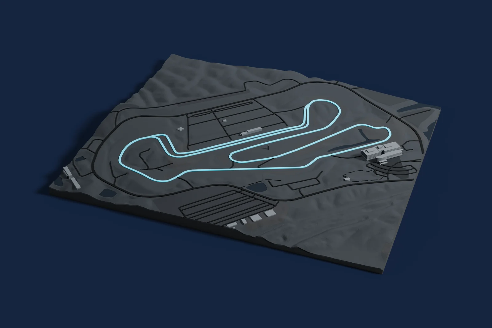 Render of a 3D printed map of Barber Motorsports Park, the track in cyan on a dark grey model of the land and buildings around it.