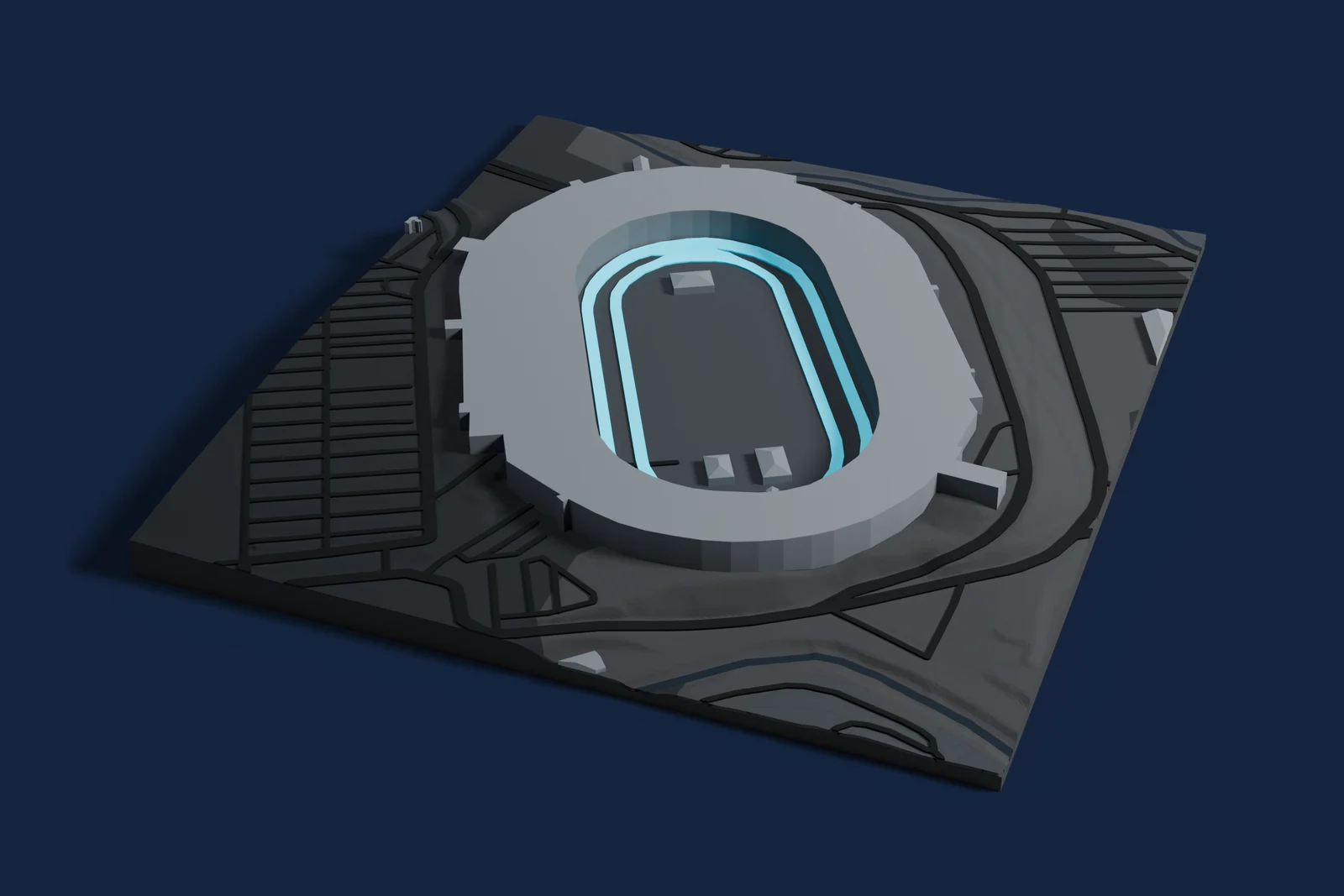 Render of a 3D printed map of Bristol Motor Speedway, the track in cyan on a dark grey model of the land and buildings around it.