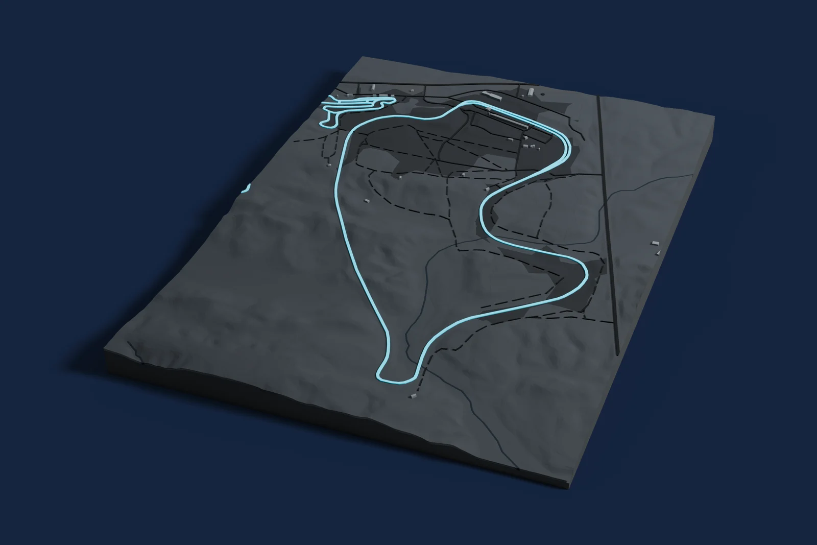 Render of a 3D printed map of Canadian Tire Motorsport Park, the track in cyan on a dark grey model of the land and buildings around it.