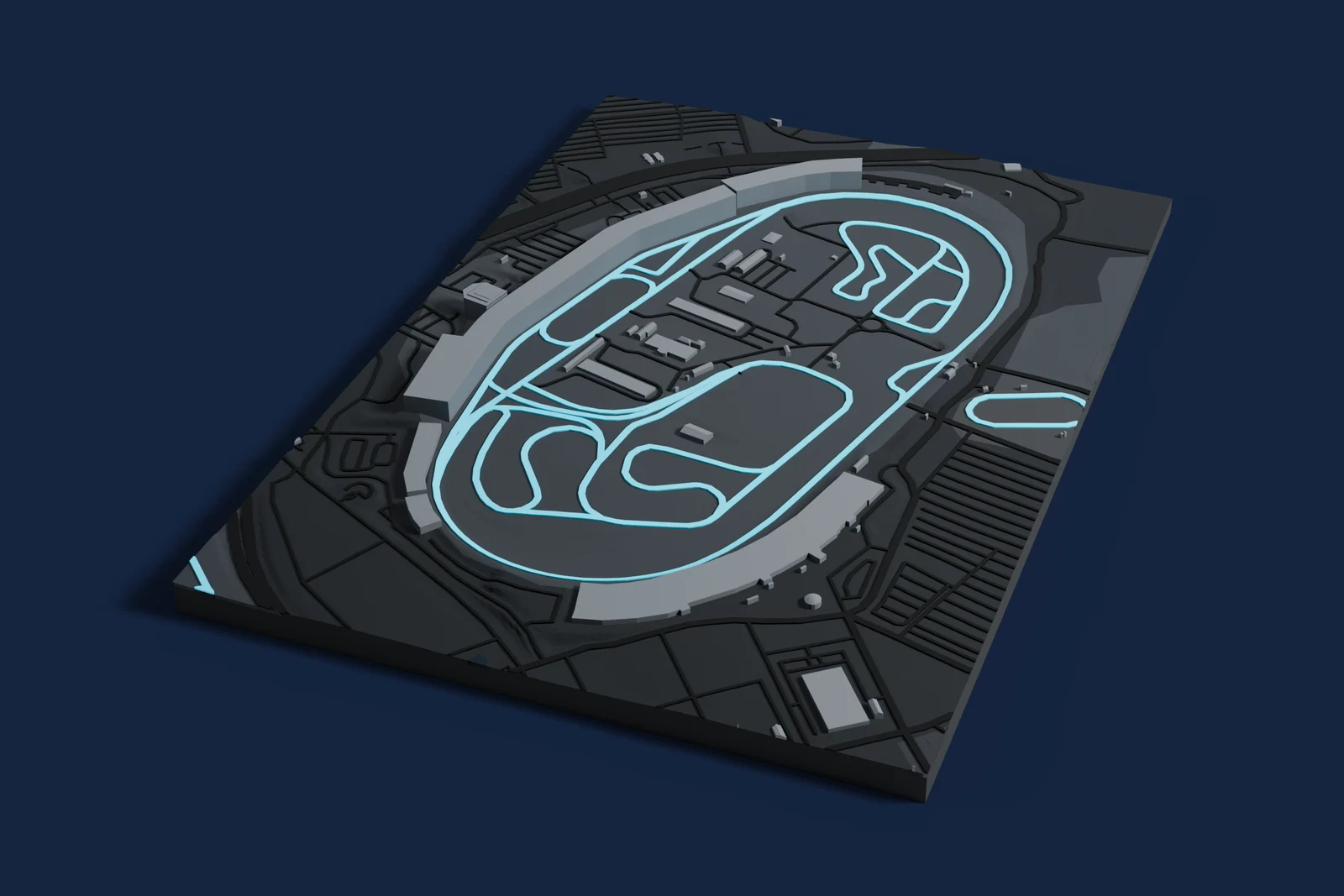 Render of a 3D printed map of Charlotte Motor Speedway, the track in cyan on a dark grey model of the land and buildings around it.