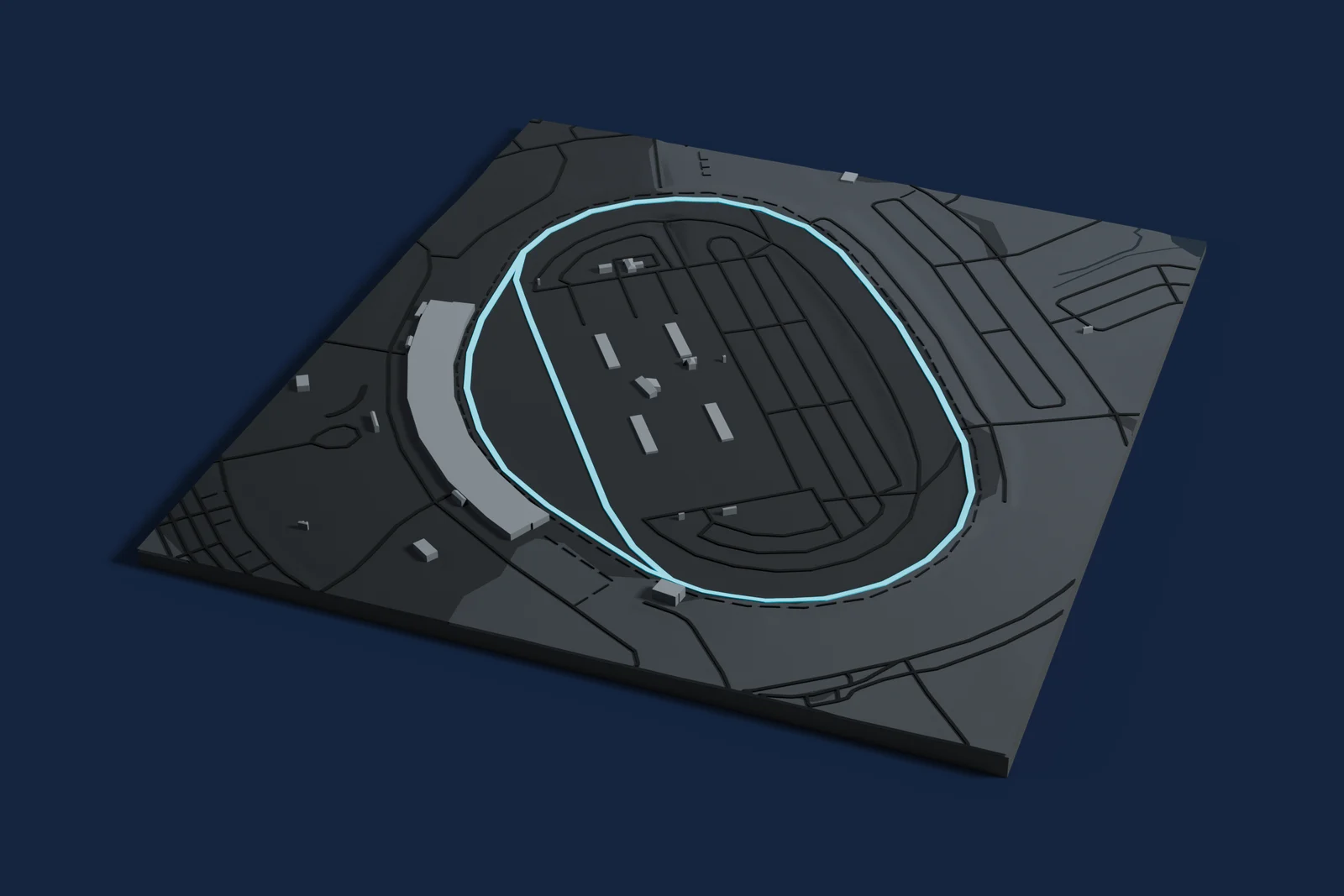 Render of a 3D printed map of Chicagoland Speedway, the track in cyan on a dark grey model of the land and buildings around it.