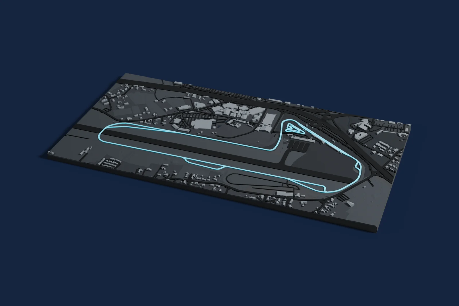 Render of a 3D printed map of Circuit d'Albi, the track in cyan on a dark grey model of the land and buildings around it.