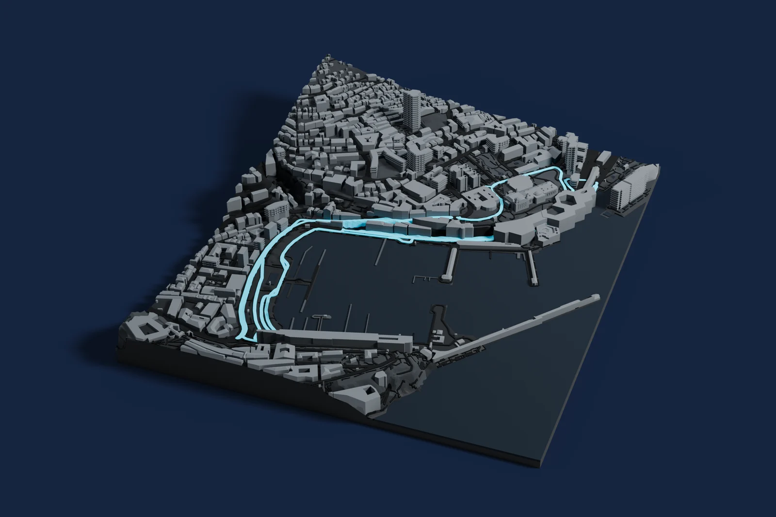 Render of a 3D printed map of Circuit de Monaco, the track in cyan on a dark grey model of the land and buildings around it.