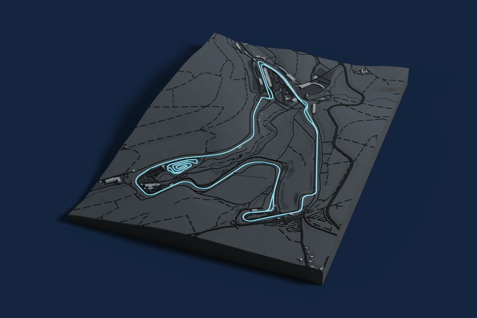 Render of a 3D printed map of Circuit de Spa-Francorchamps, the track in cyan on a dark grey model of the land and buildings around it.