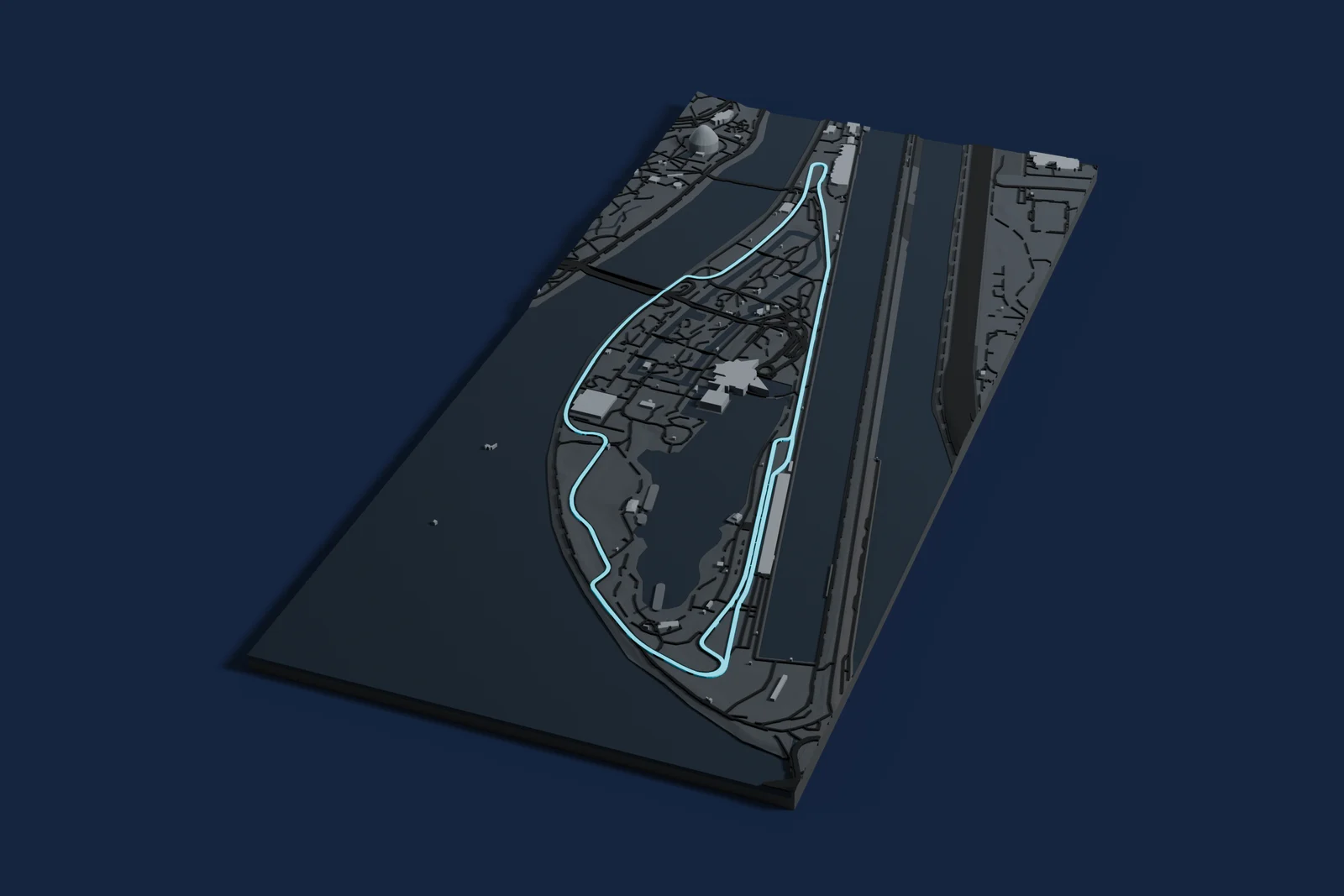 Render of a 3D printed map of Circuit Gilles Villeneuve, the track in cyan on a dark grey model of the land and buildings around it.