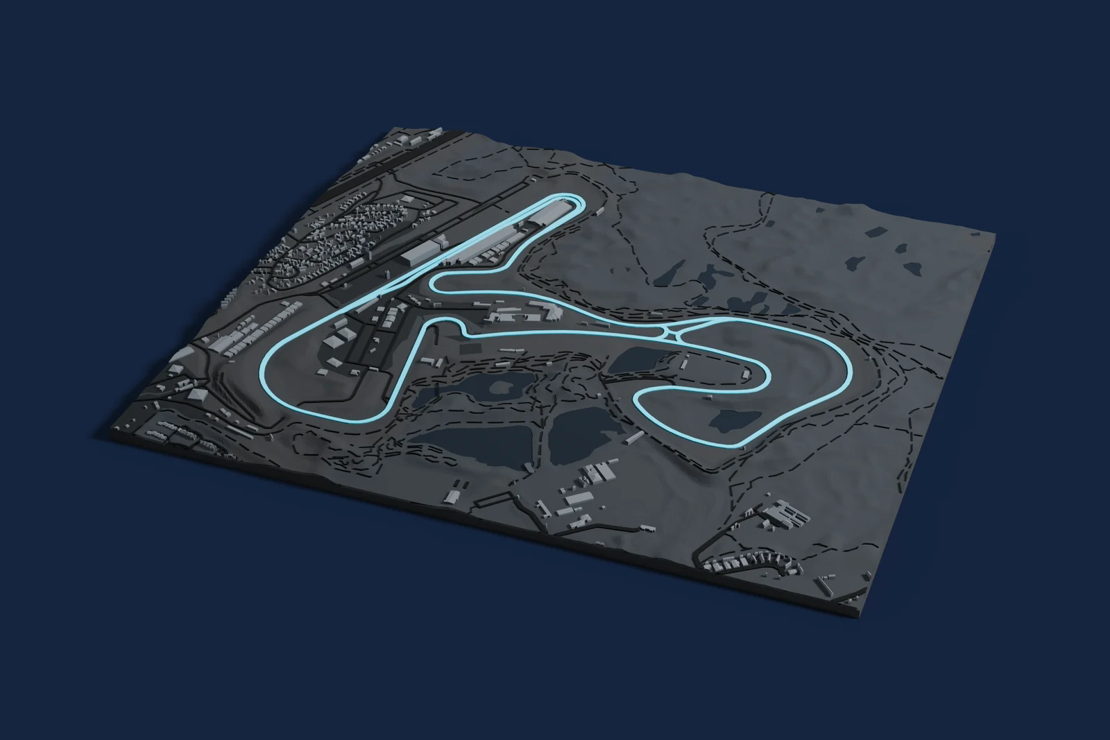 Render of a 3D printed map of Circuit Zandvoort, the track in cyan on a dark grey model of the land and buildings around it.