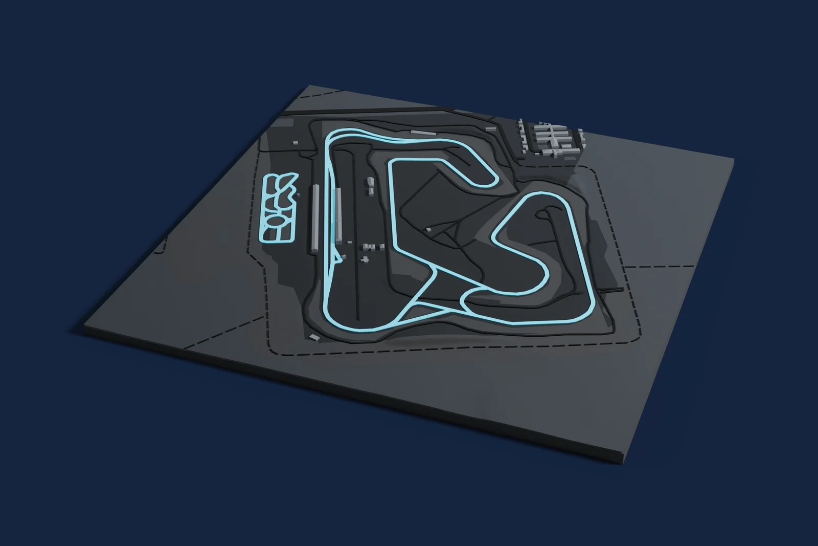 Render of a 3D printed map of Circuito de Albacete, the track in cyan on a dark grey model of the land and buildings around it.