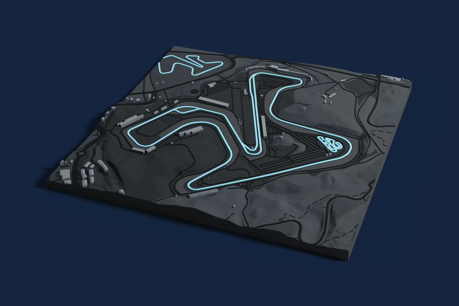 Render of a 3D printed map of Circuito de Jerez, the track in cyan on a dark grey model of the land and buildings around it.