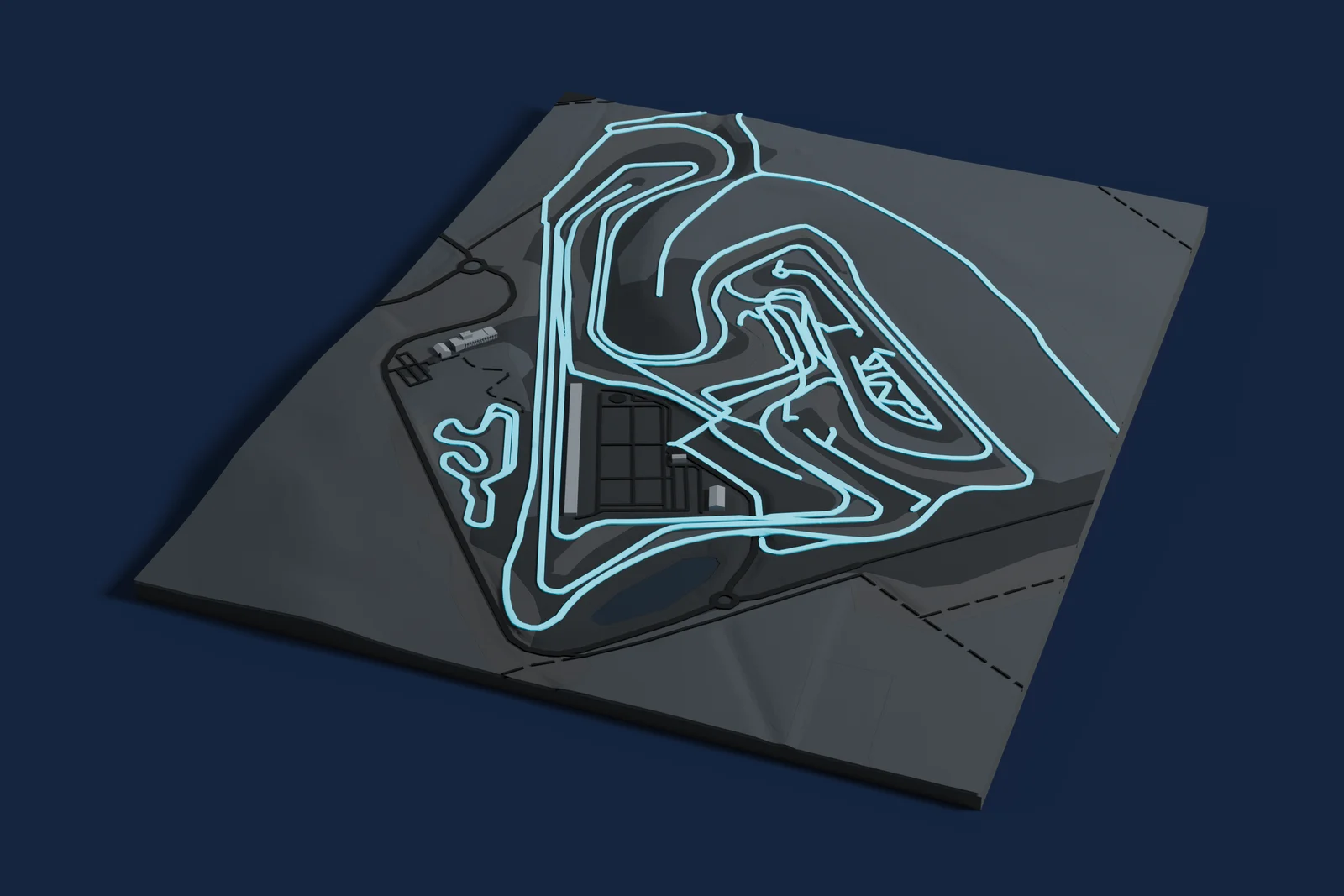 Render of a 3D printed map of Circuito de Navarra, the track in cyan on a dark grey model of the land and buildings around it.