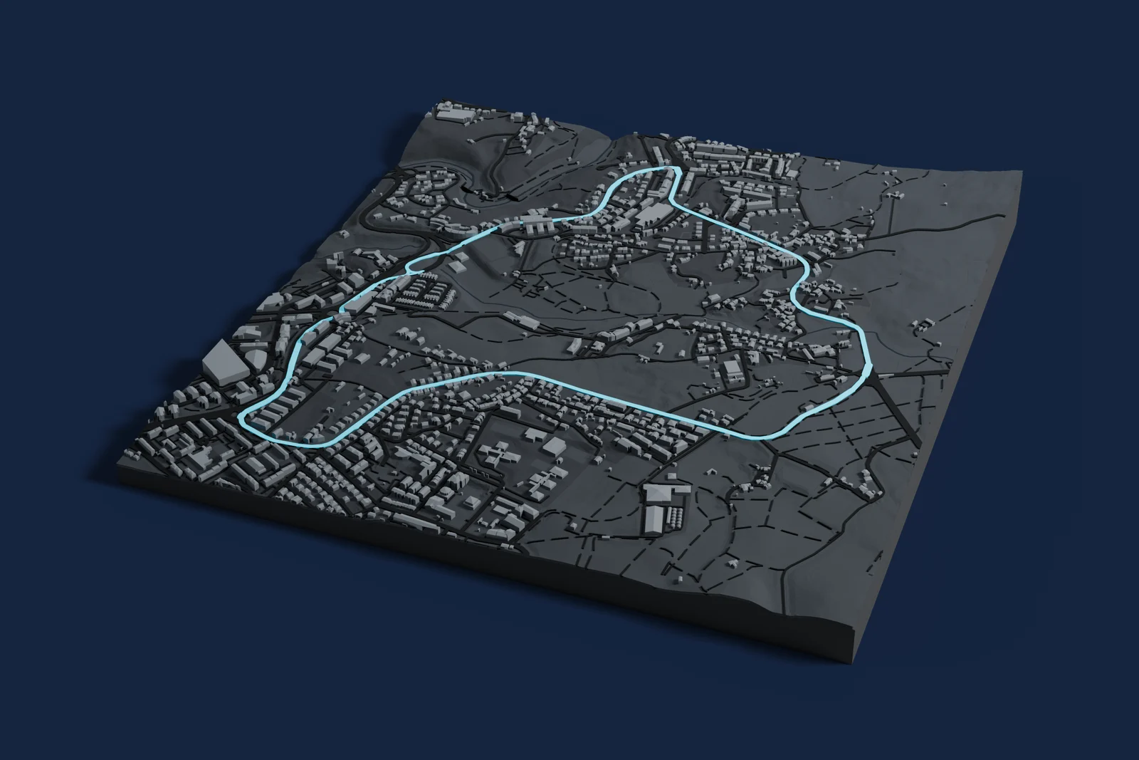 Render of a 3D printed map of Circuito Internacional de Vila Real, the track in cyan on a dark grey model of the land and buildings around it.