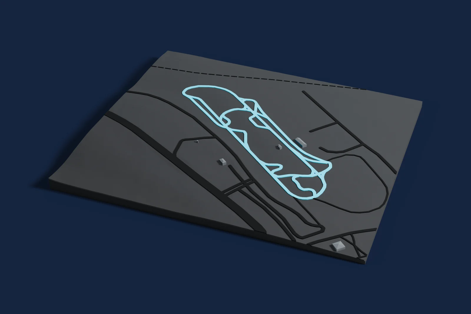 Render of a 3D printed map of Circuito San Juan Villicum, the track in cyan on a dark grey model of the land and buildings around it.
