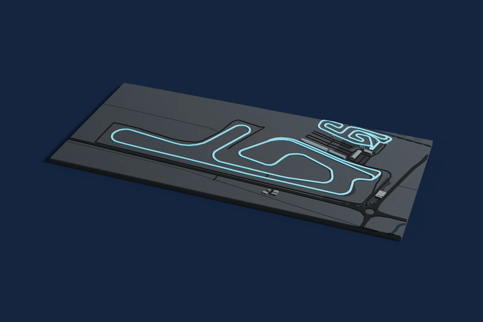 Render of a 3D printed map of Cremona Circuit, the track in cyan on a dark grey model of the land and buildings around it.