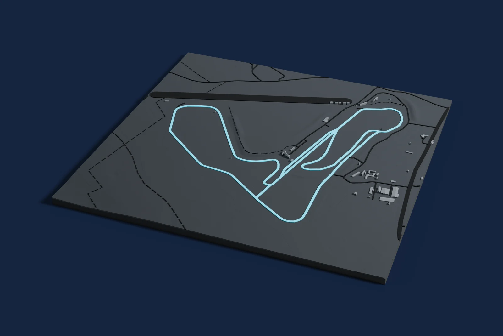 Render of a 3D printed map of Croft Circuit, the track in cyan on a dark grey model of the land and buildings around it.