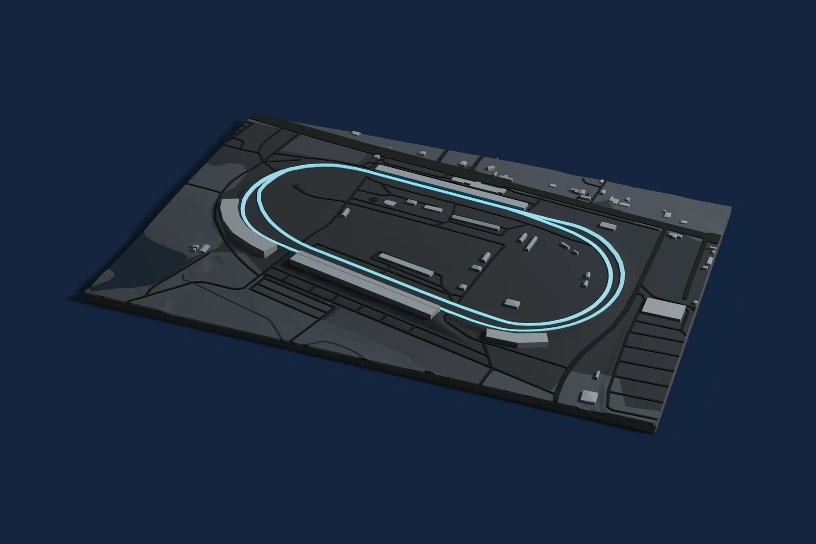 Render of a 3D printed map of Darlington Raceway, the track in cyan on a dark grey model of the land and buildings around it.