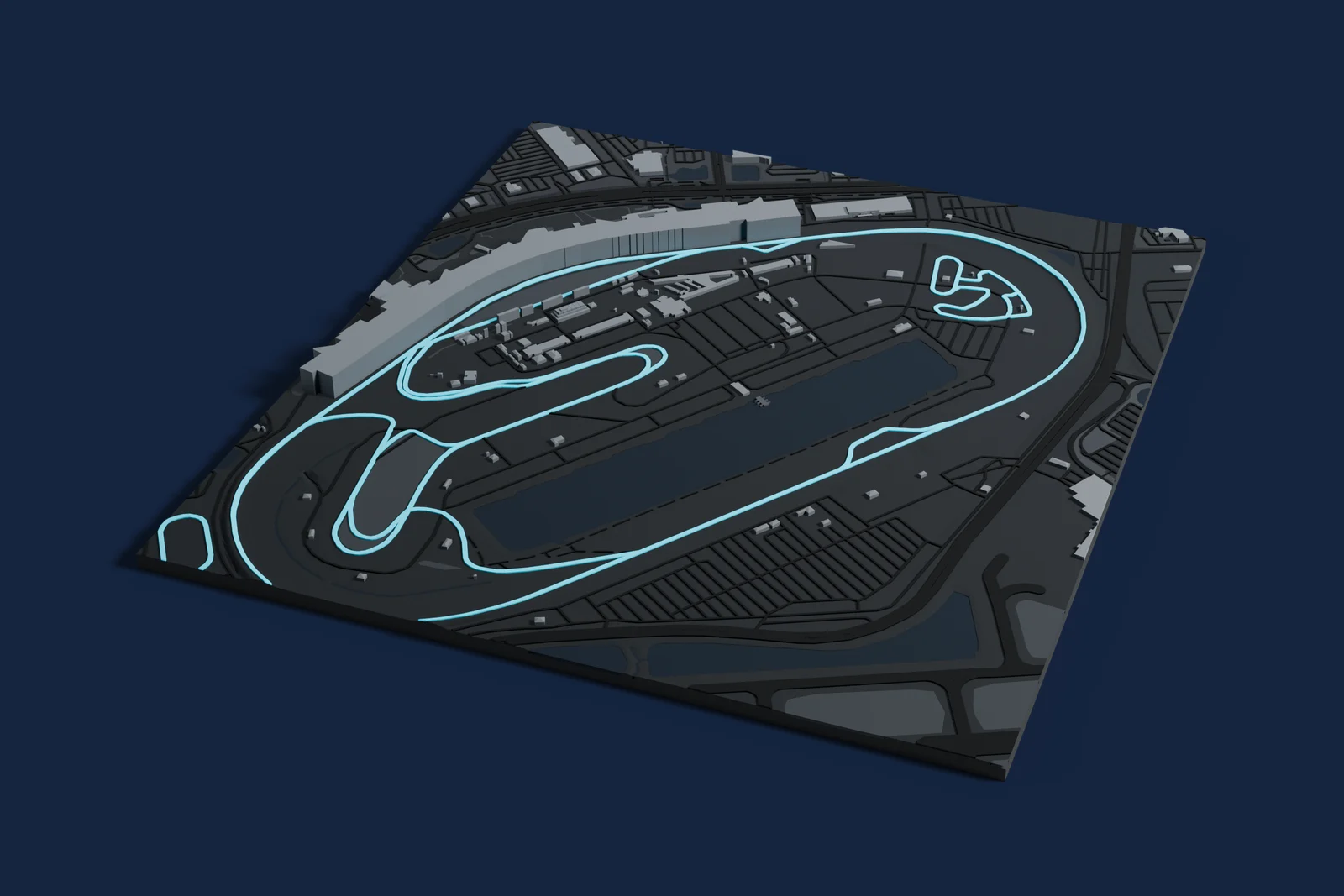Render of a 3D printed map of Daytona International Speedway, the track in cyan on a dark grey model of the land and buildings around it.