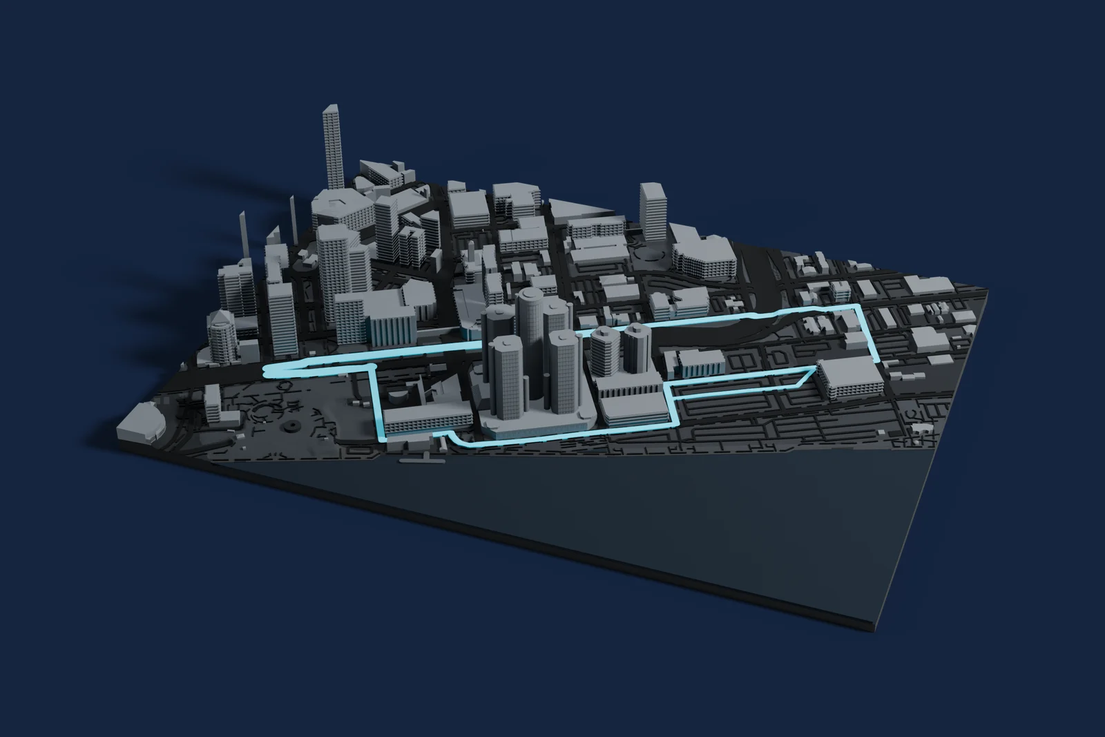 Render of a 3D printed map of Detroit Street Circuit, the track in cyan on a dark grey model of the land and buildings around it.