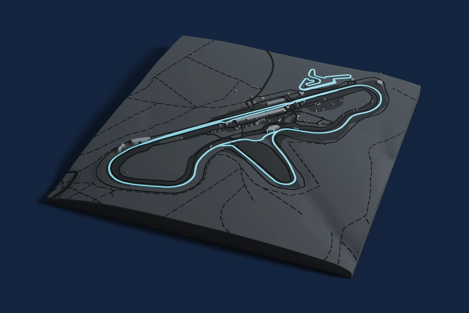 Render of a 3D printed map of Dijon-Prenois, the track in cyan on a dark grey model of the land and buildings around it.