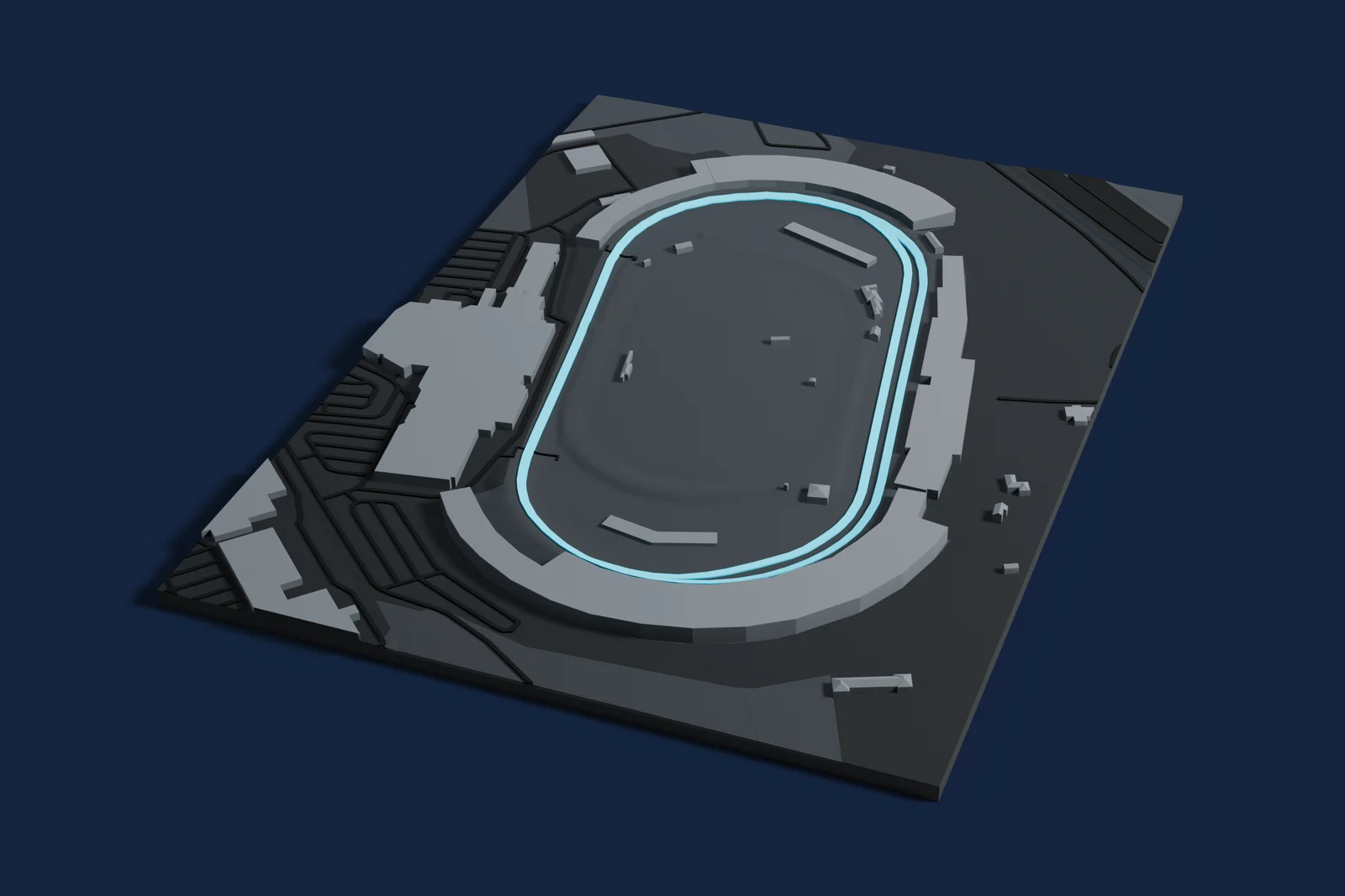 Render of a 3D printed map of Dover Motor Speedway, the track in cyan on a dark grey model of the land and buildings around it.