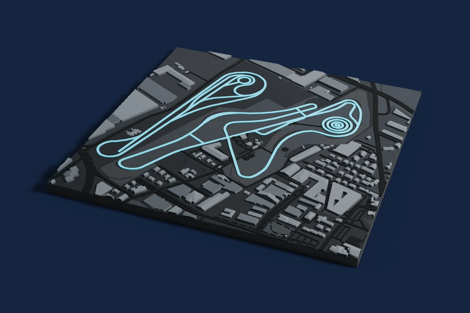 Render of a 3D printed map of Fiorano Circuit, the track in cyan on a dark grey model of the land and buildings around it.