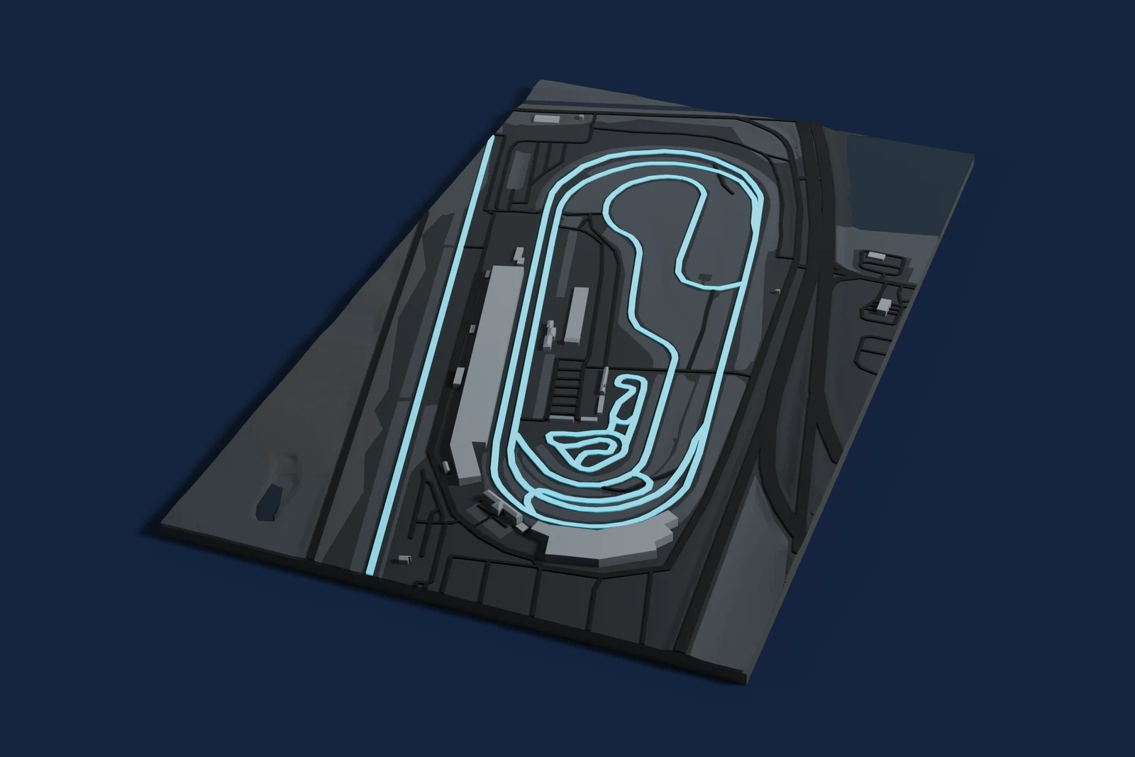 Render of a 3D printed map of Gateway Motorsports Park, the track in cyan on a dark grey model of the land and buildings around it.