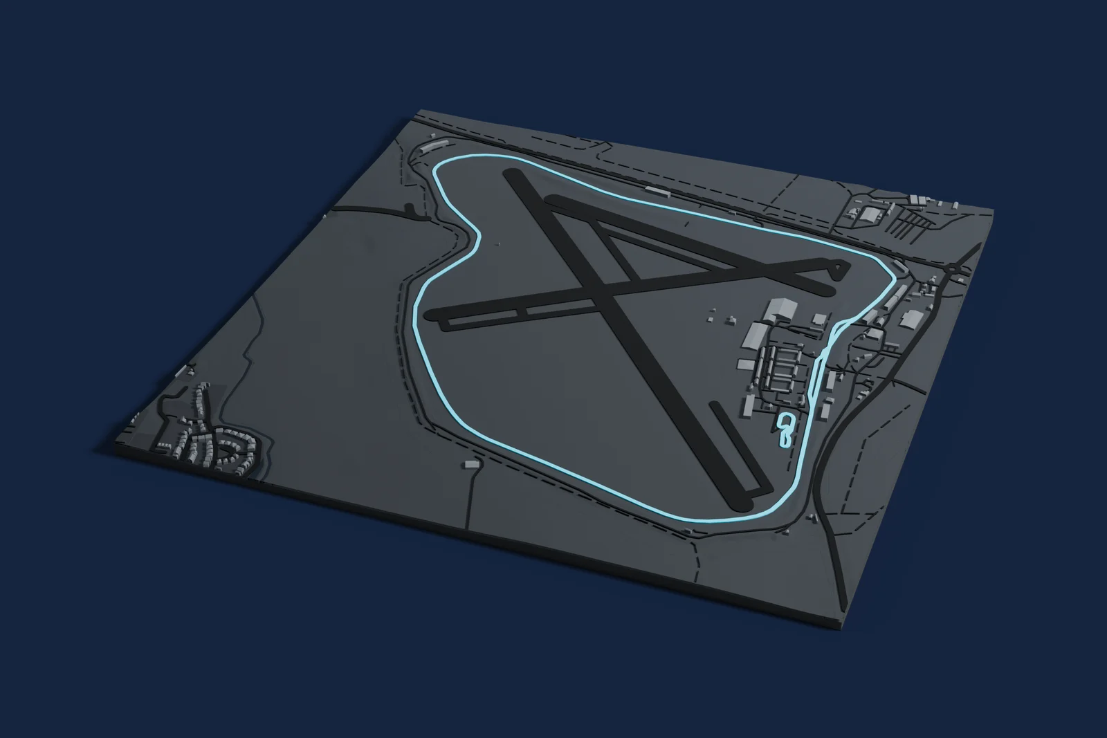Render of a 3D printed map of Goodwood Circuit, the track in cyan on a dark grey model of the land and buildings around it.