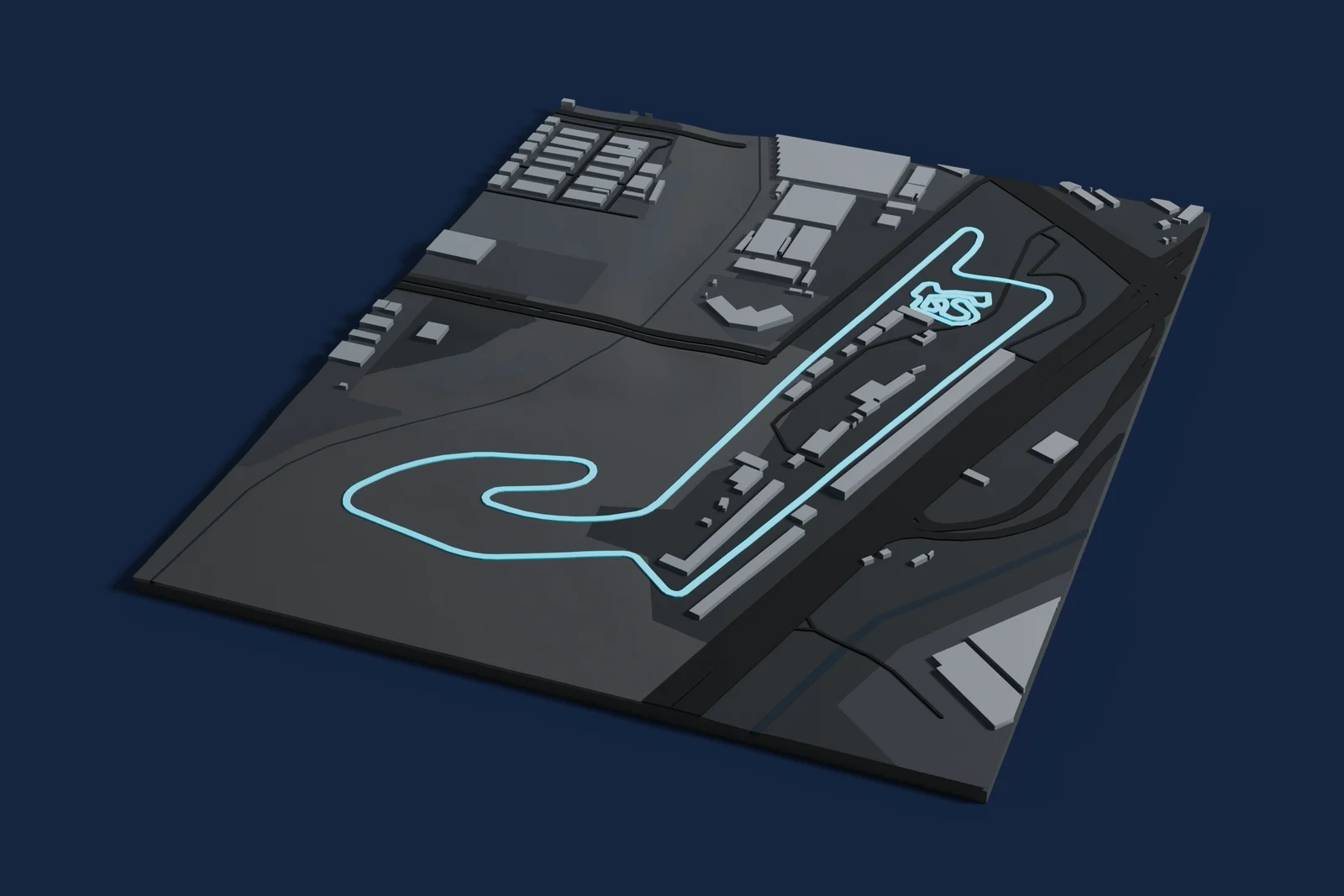 Render of a 3D printed map of Guangdong International Circuit, the track in cyan on a dark grey model of the land and buildings around it.