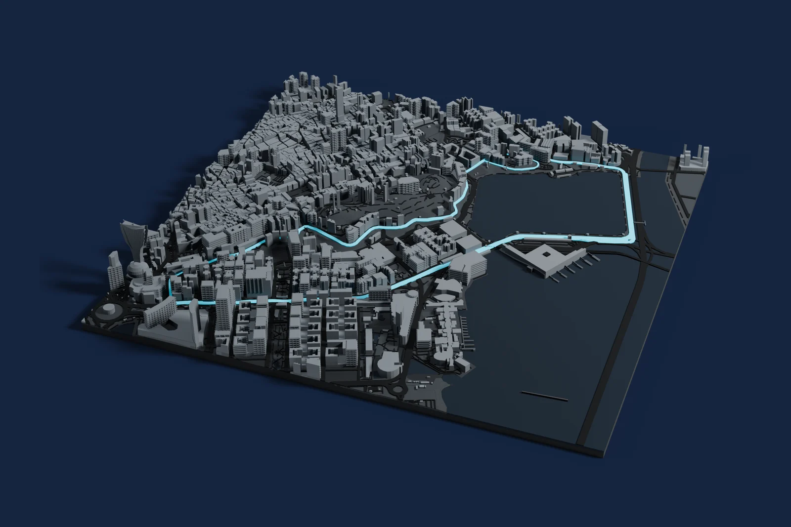 Render of a 3D printed map of Guia Circuit, the track in cyan on a dark grey model of the land and buildings around it.