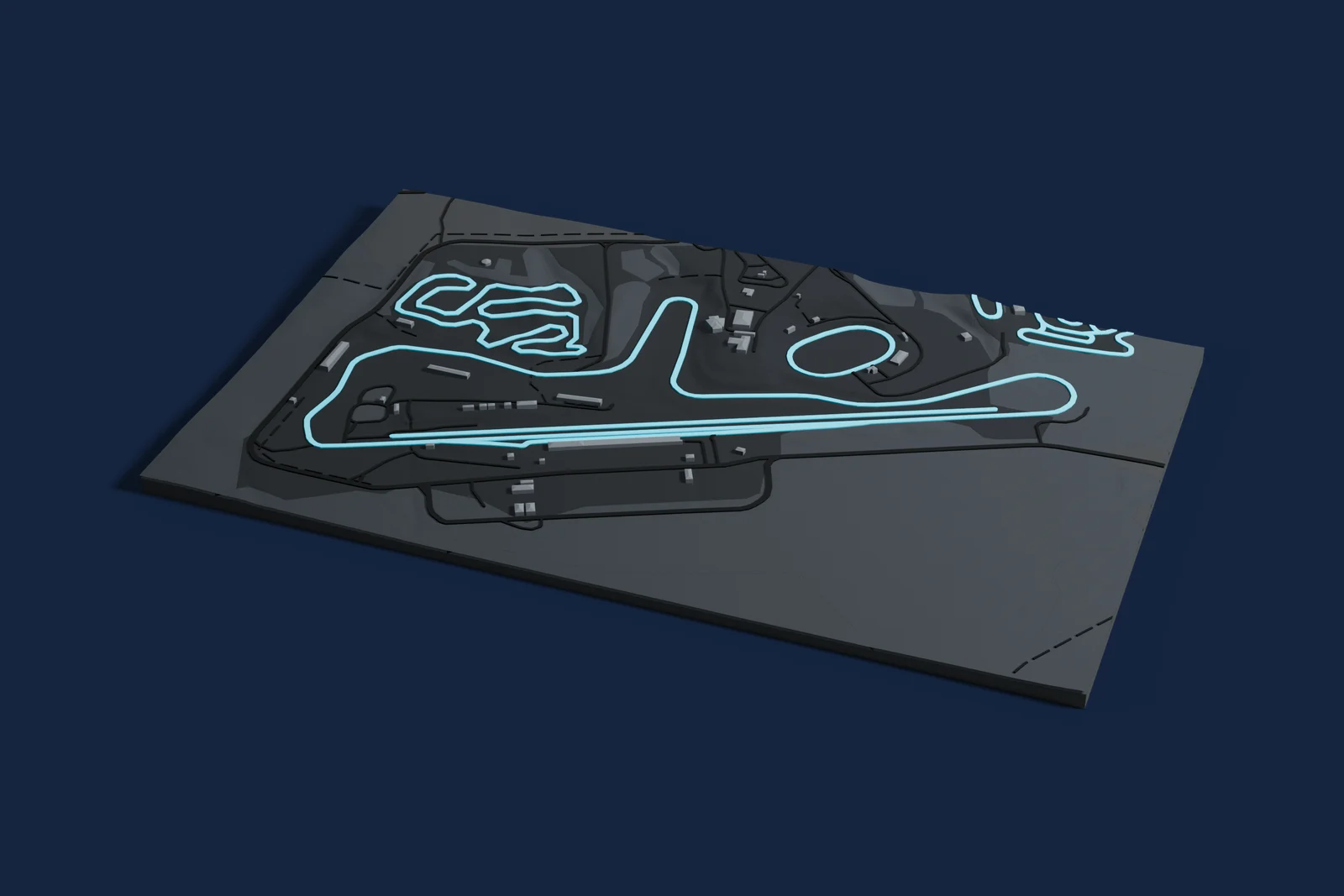 Render of a 3D printed map of Hidden Valley Raceway, the track in cyan on a dark grey model of the land and buildings around it.