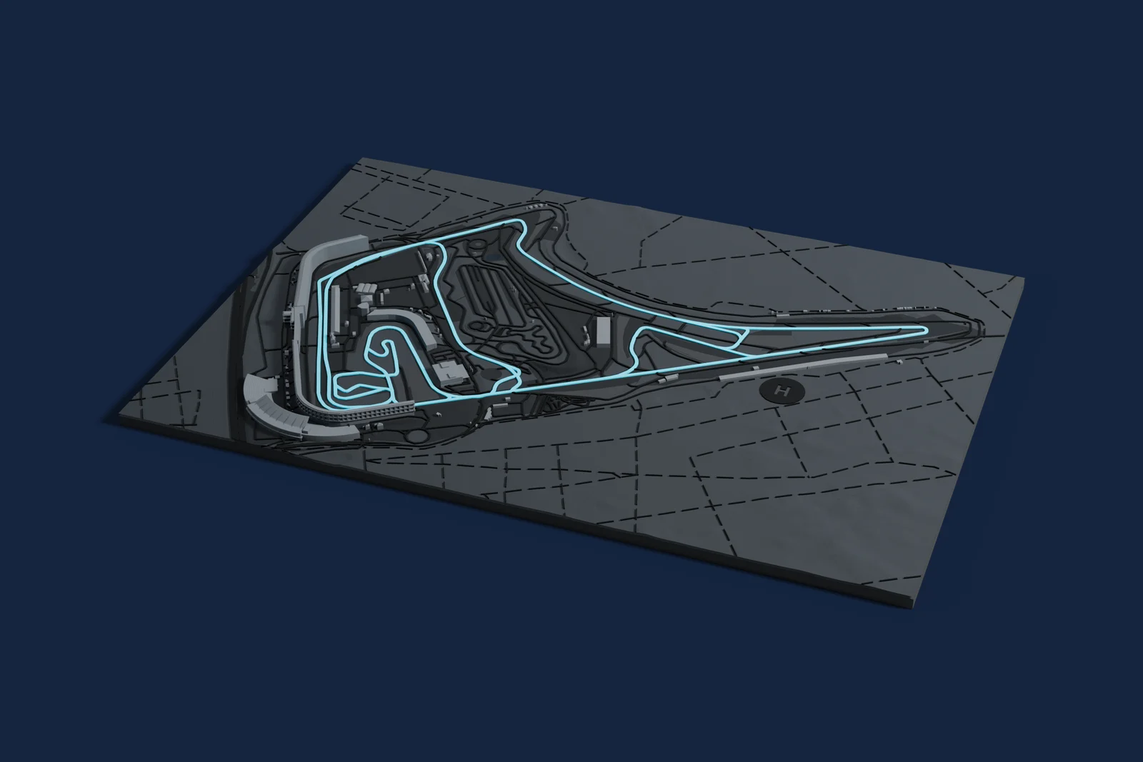 Render of a 3D printed map of Hockenheimring, the track in cyan on a dark grey model of the land and buildings around it.