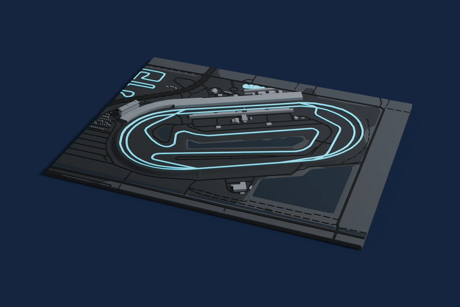 Render of a 3D printed map of Homestead–Miami Speedway, the track in cyan on a dark grey model of the land and buildings around it.