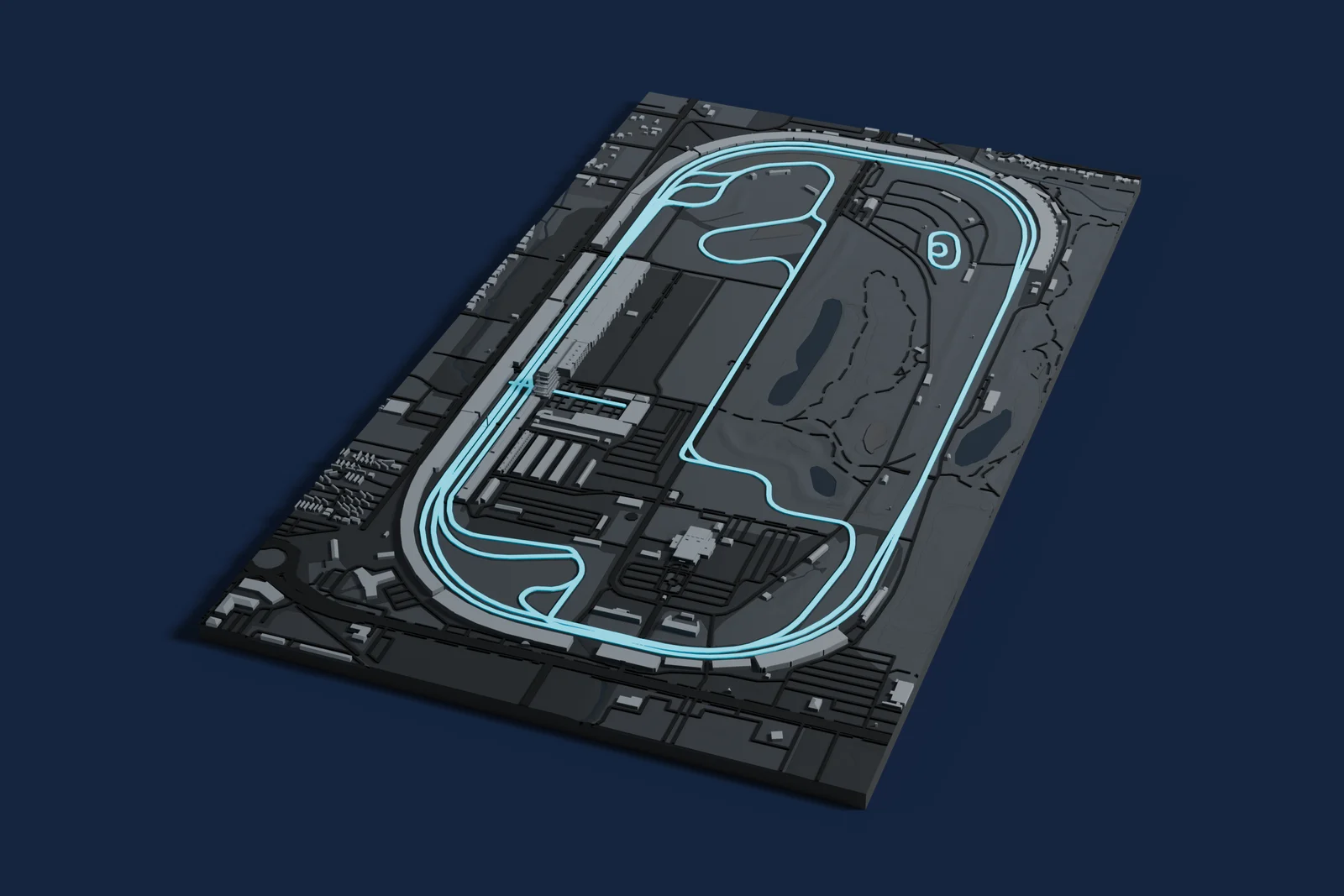 Render of a 3D printed map of Indianapolis Motor Speedway, the track in cyan on a dark grey model of the land and buildings around it.