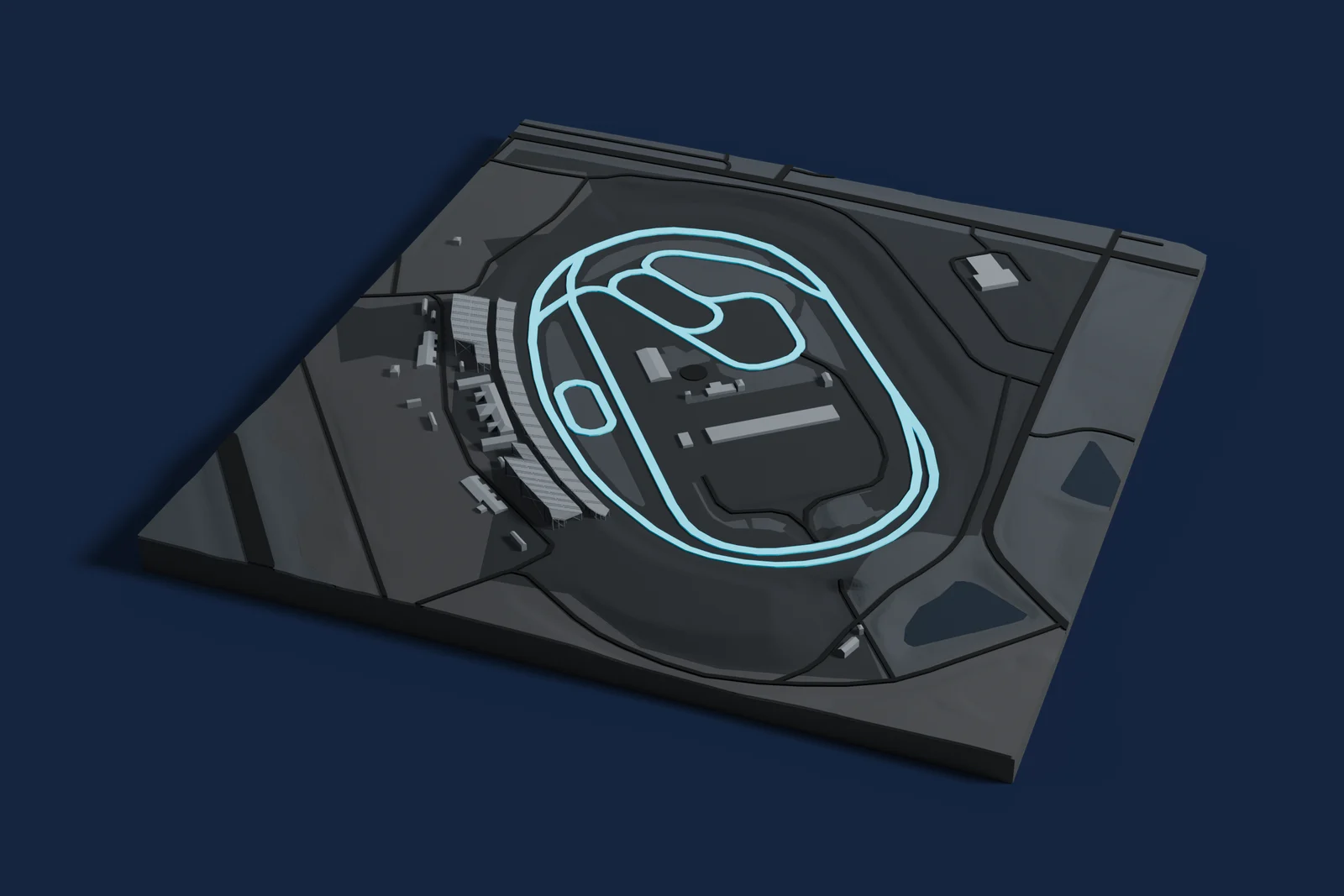 Render of a 3D printed map of Iowa Speedway, the track in cyan on a dark grey model of the land and buildings around it.