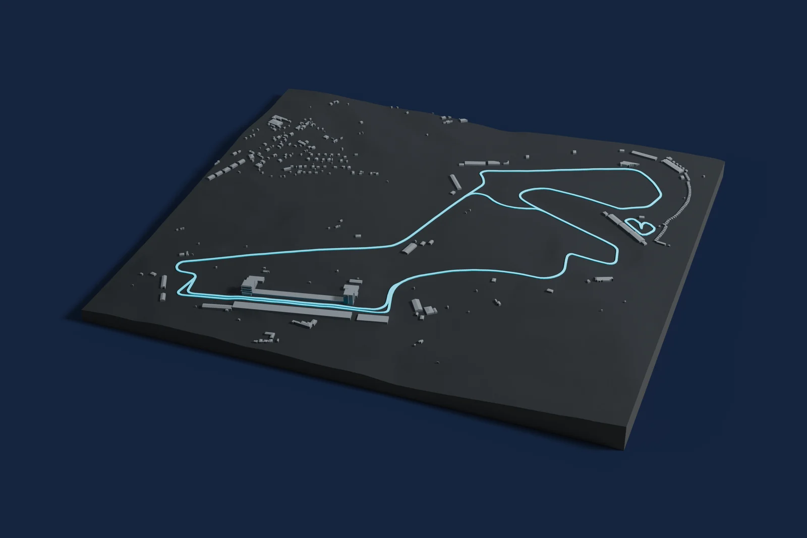Render of a 3D printed map of Istanbul Park, the track in cyan on a dark grey model of the land and buildings around it.