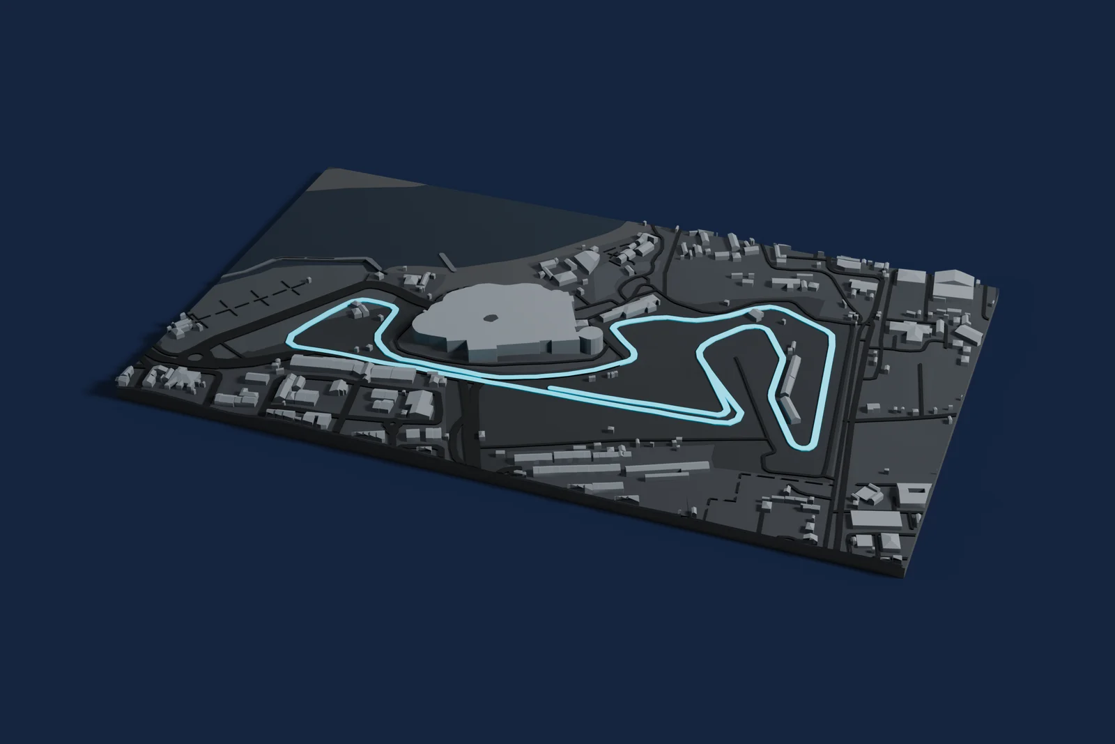 Render of a 3D printed map of Jakarta International e-Prix Circuit, the track in cyan on a dark grey model of the land and buildings around it.