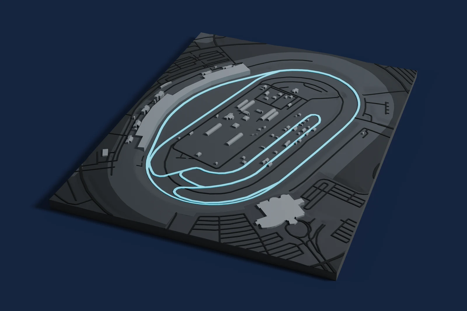 Render of a 3D printed map of Kansas Speedway, the track in cyan on a dark grey model of the land and buildings around it.