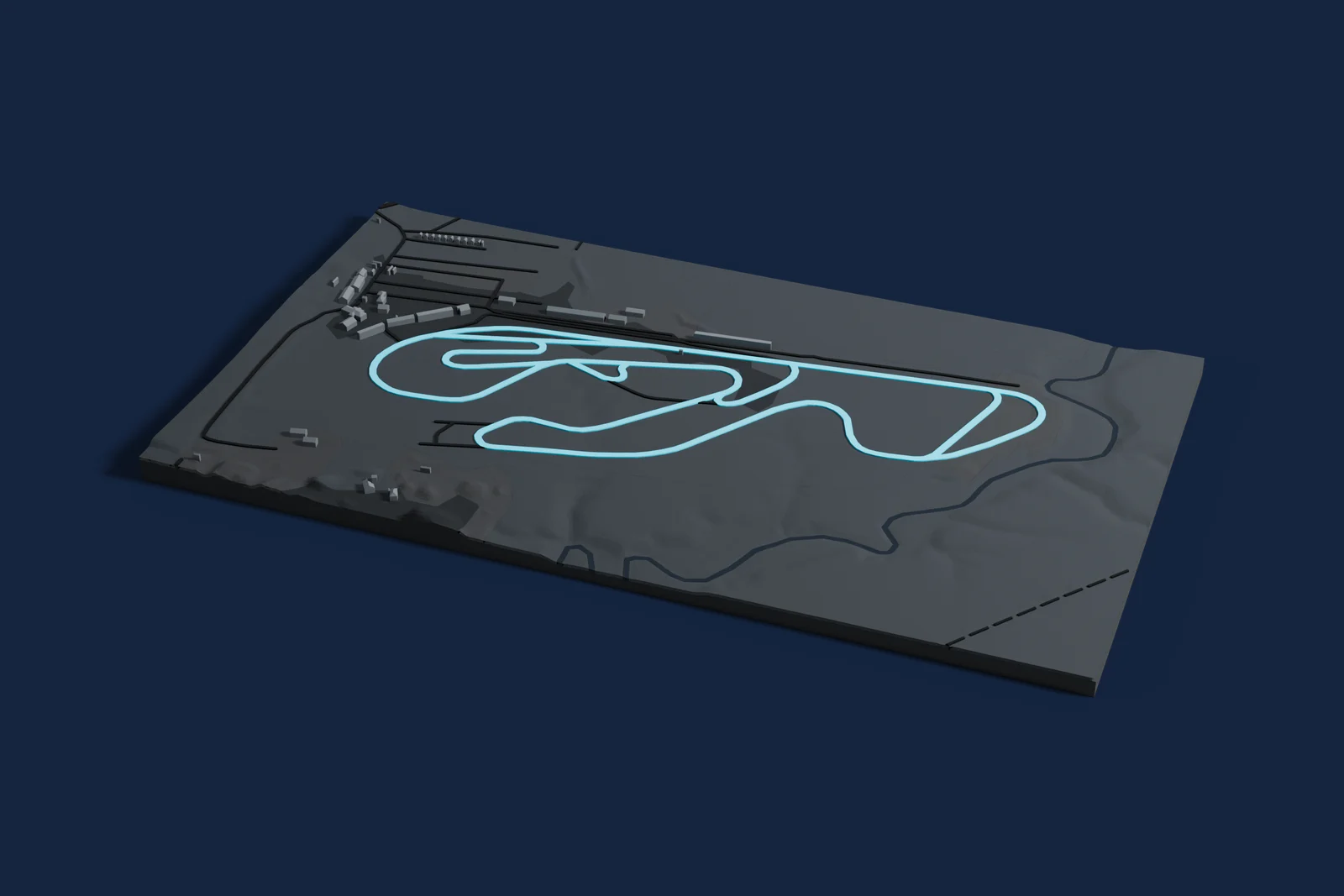 Render of a 3D printed map of Karlskoga Motorstadion, the track in cyan on a dark grey model of the land and buildings around it.