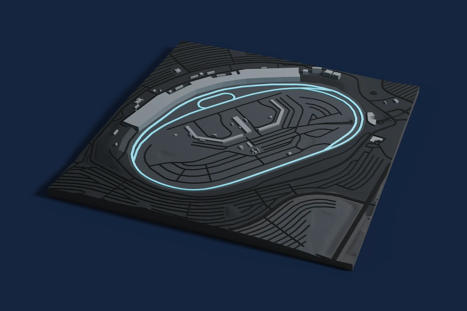 Render of a 3D printed map of Kentucky Speedway, the track in cyan on a dark grey model of the land and buildings around it.