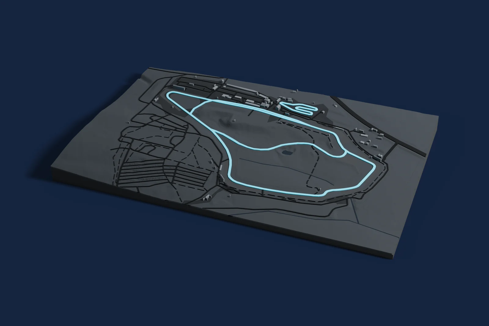 Render of a 3D printed map of Knockhill, the track in cyan on a dark grey model of the land and buildings around it.
