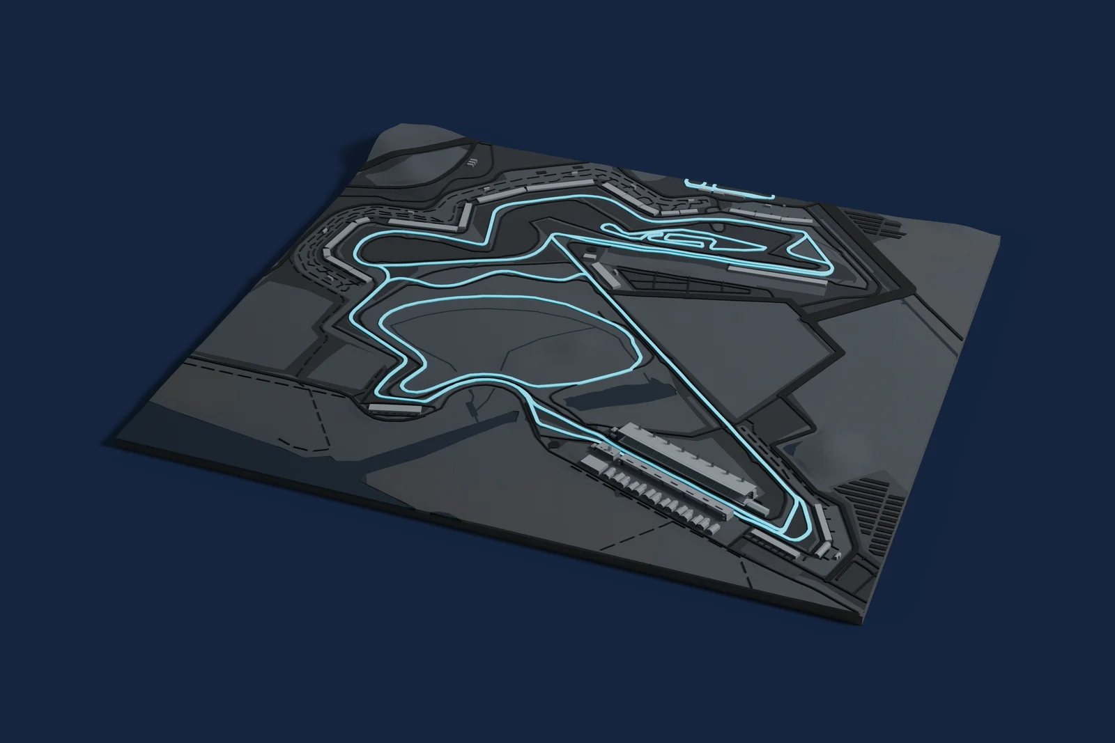 Render of a 3D printed map of Korea International Circuit, the track in cyan on a dark grey model of the land and buildings around it.
