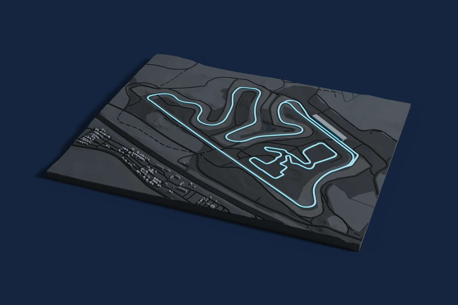 Render of a 3D printed map of Kymi Ring, the track in cyan on a dark grey model of the land and buildings around it.
