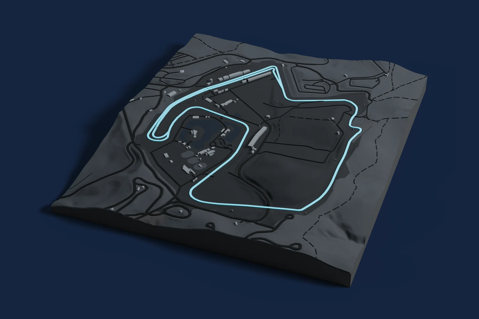 Render of a 3D printed map of Laguna Seca, the track in cyan on a dark grey model of the land and buildings around it.