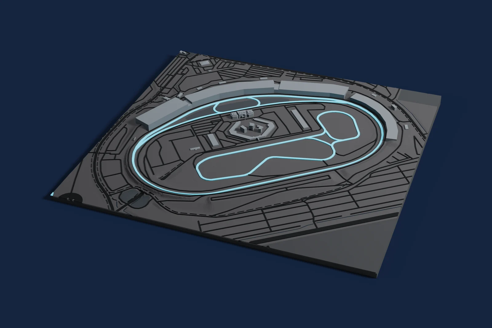 Render of a 3D printed map of Las Vegas Motor Speedway, the track in cyan on a dark grey model of the land and buildings around it.