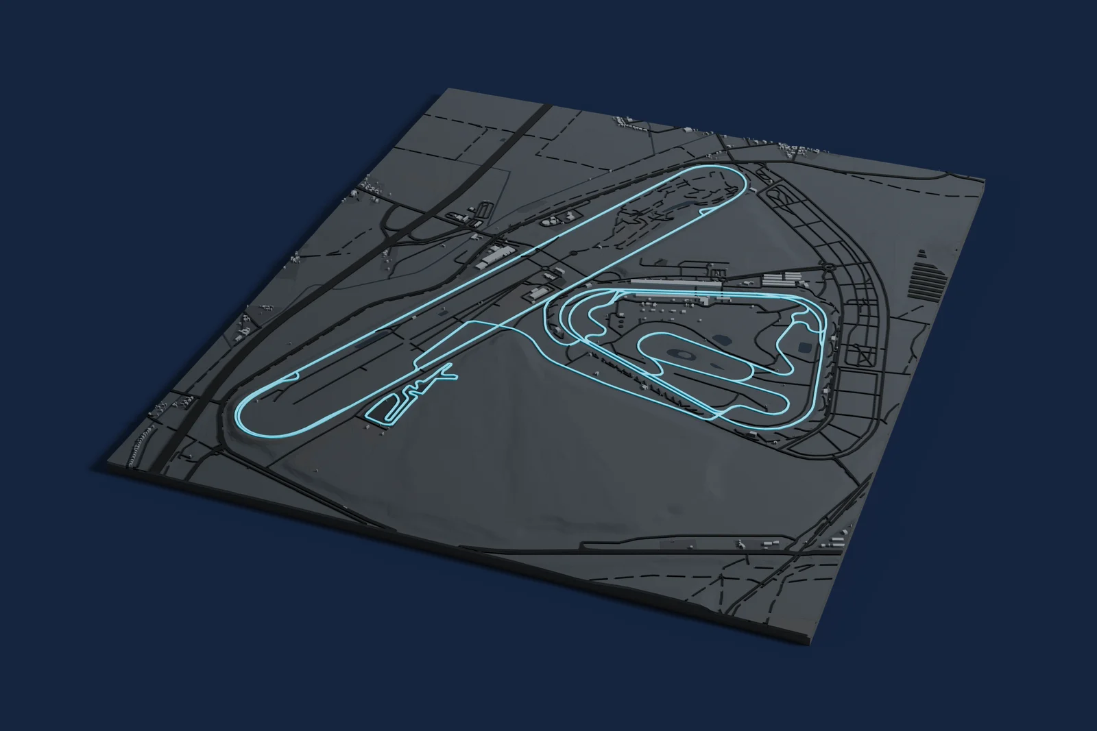 Render of a 3D printed map of Lausitzring, the track in cyan on a dark grey model of the land and buildings around it.