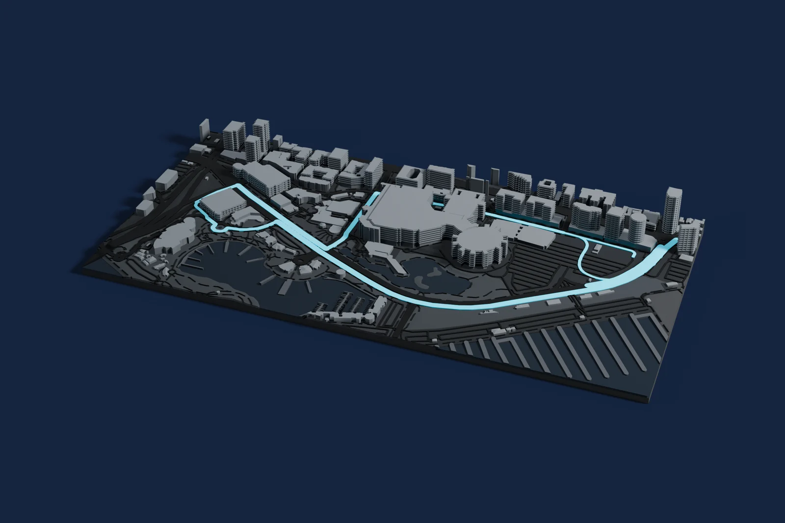 Render of a 3D printed map of Long Beach Street Circuit, the track in cyan on a dark grey model of the land and buildings around it.