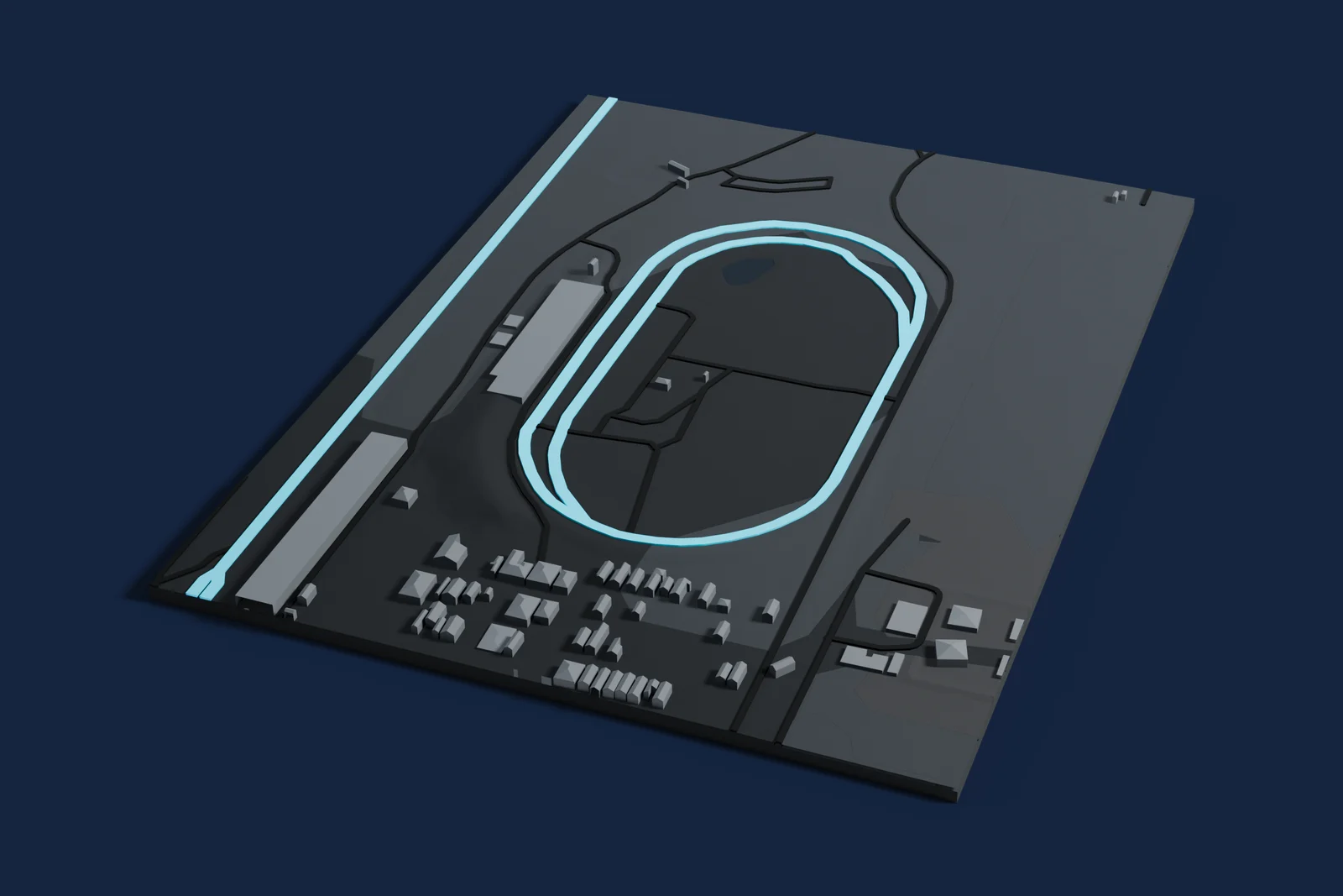 Render of a 3D printed map of Lucas Oil Indianapolis Raceway Park, the track in cyan on a dark grey model of the land and buildings around it.