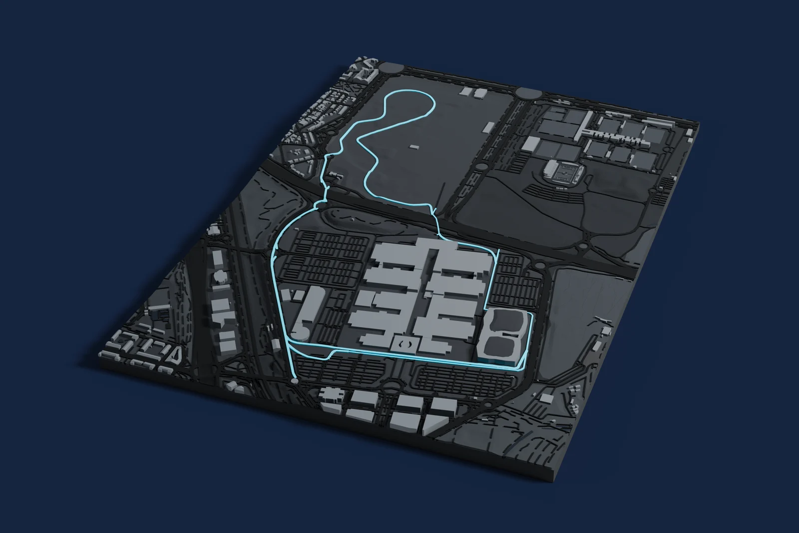 Render of a 3D printed map of Madring, the track in cyan on a dark grey model of the land and buildings around it.