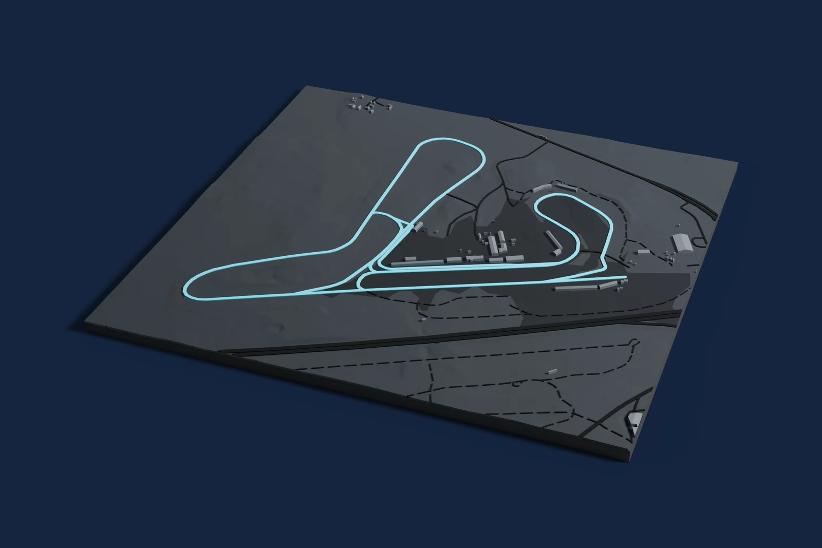 Render of a 3D printed map of Mantorp Park, the track in cyan on a dark grey model of the land and buildings around it.