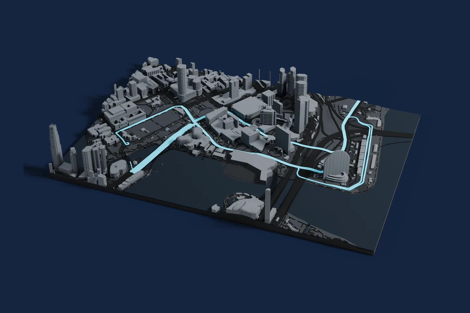 Render of a 3D printed map of Marina Bay Street Circuit, the track in cyan on a dark grey model of the land and buildings around it.