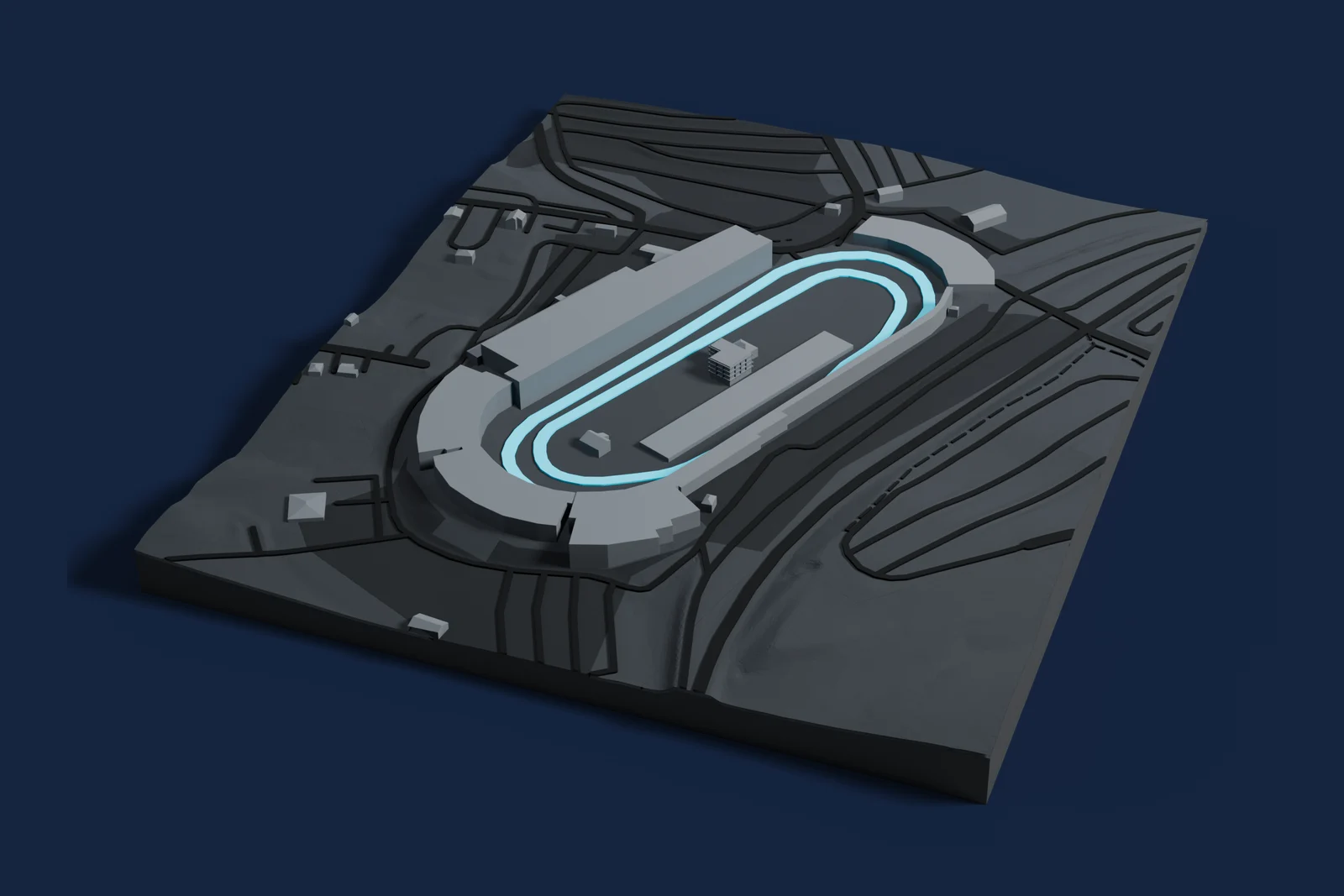 Render of a 3D printed map of Martinsville Speedway, the track in cyan on a dark grey model of the land and buildings around it.