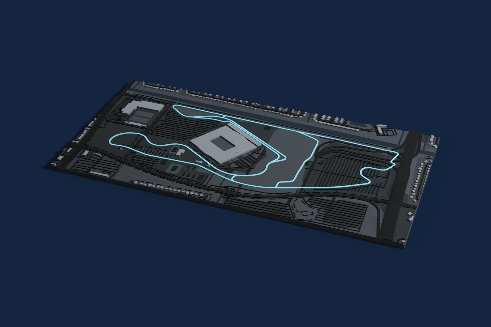 Render of a 3D printed map of Miami International Autodrome, the track in cyan on a dark grey model of the land and buildings around it.